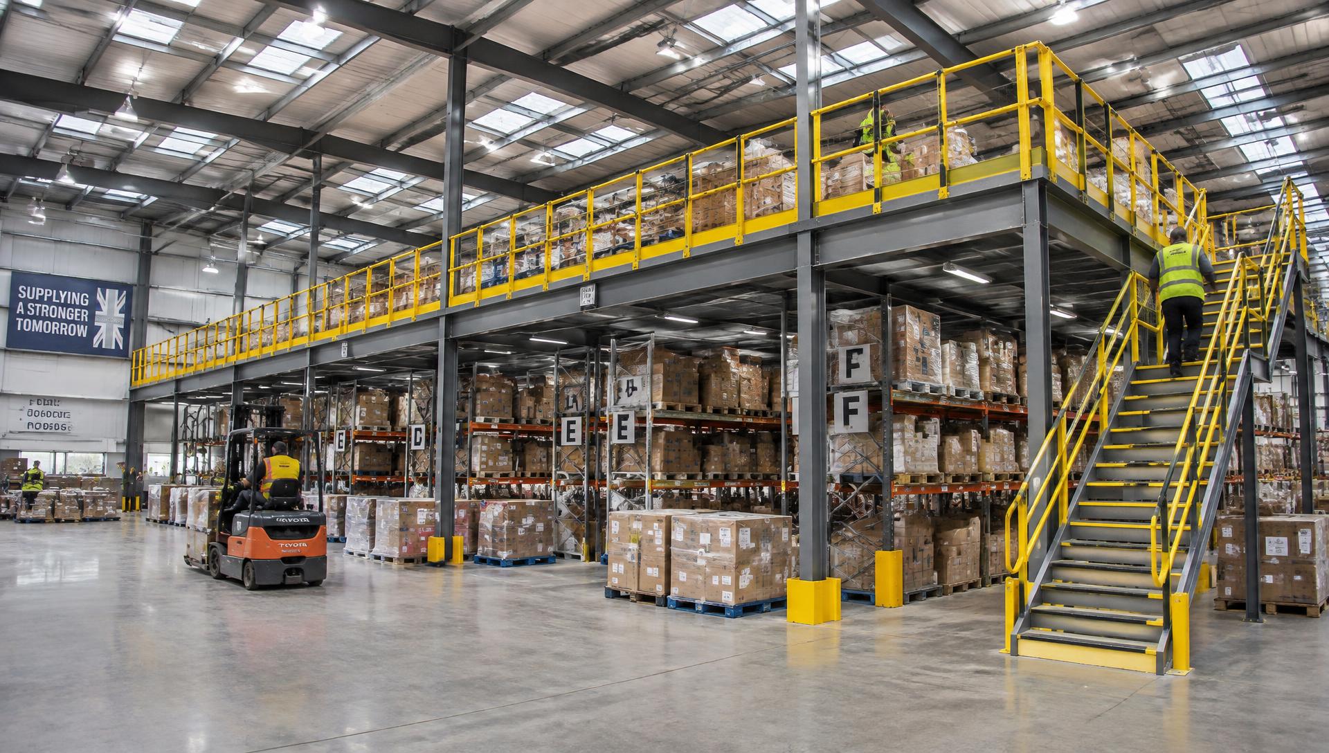 Steel mezzanine floor installed above pallet racking in a UK distribution warehouse
