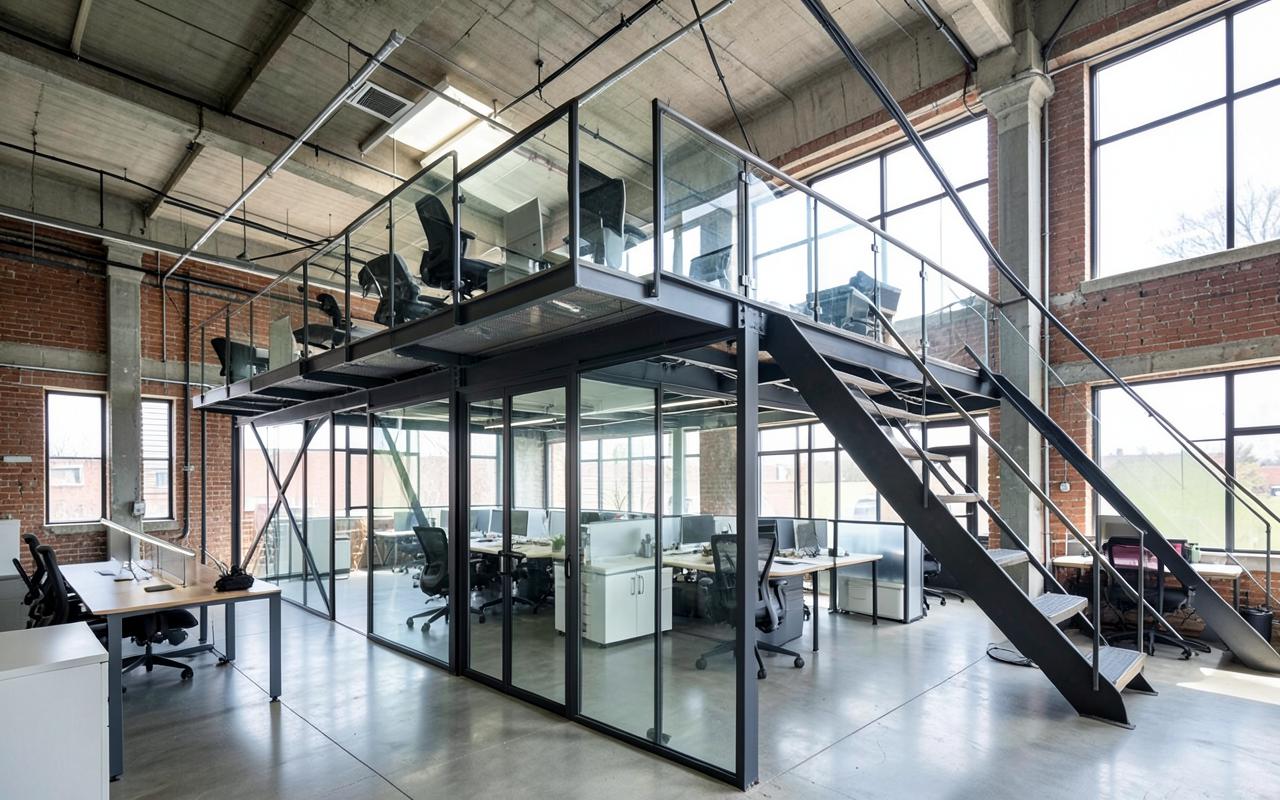 Glazed office space built on a steel mezzanine deck inside an industrial unit