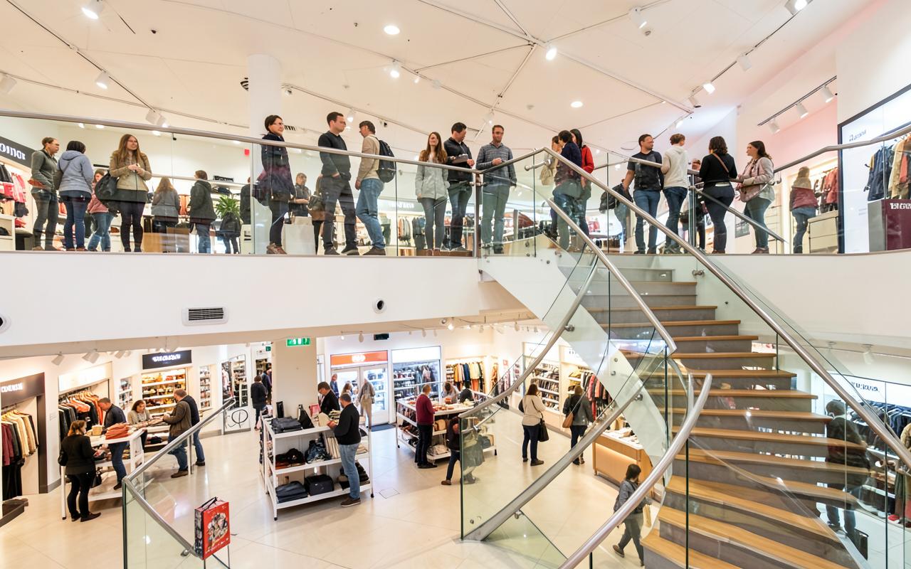 Customers browsing an upper retail sales floor on a mezzanine with glass balustrade