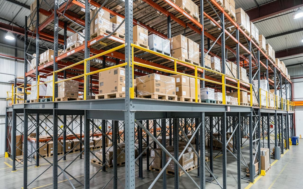 Warehouse mezzanine floor supported over pallet racking with yellow edge protection